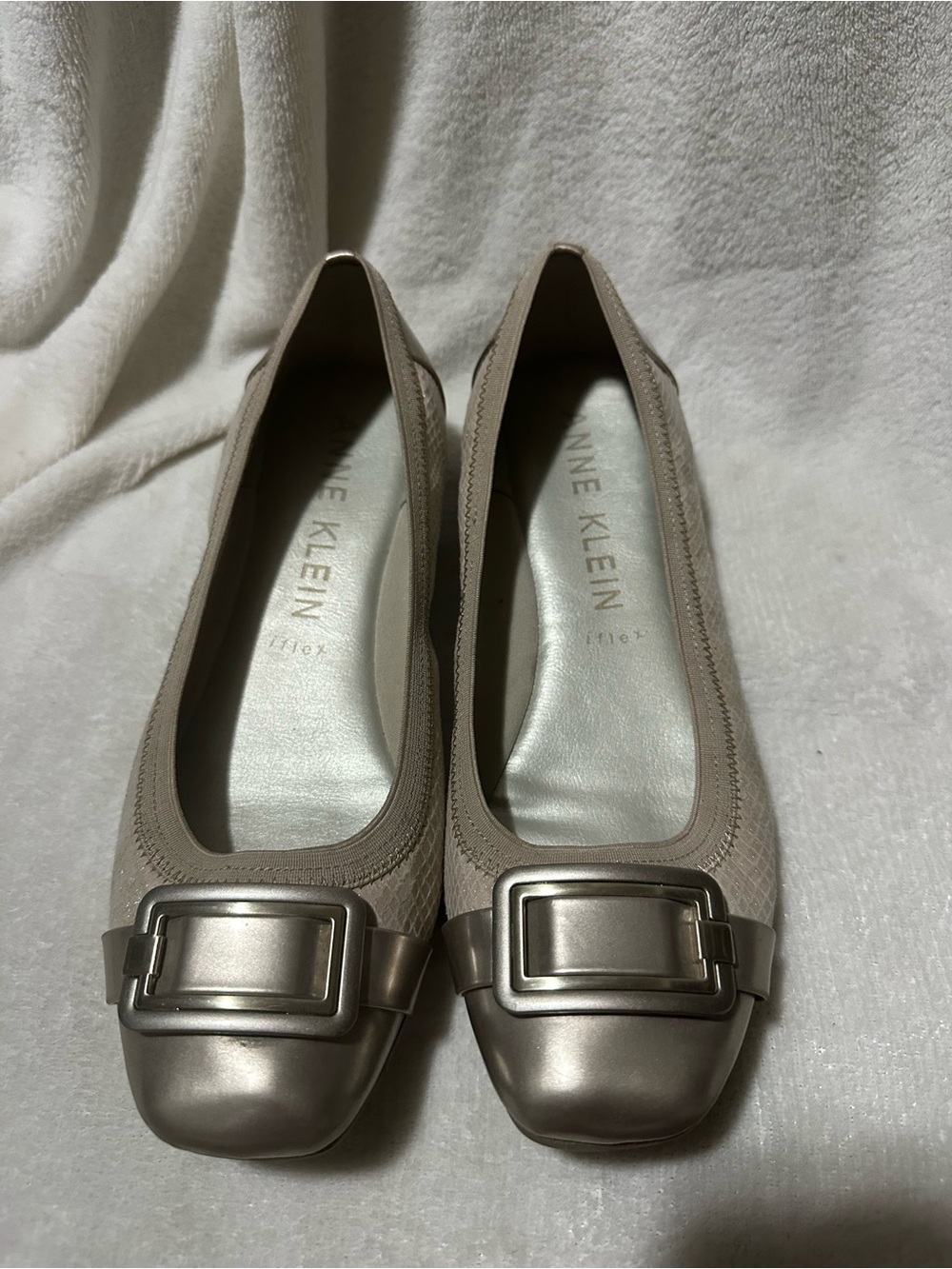 Anne Klein Metallic Taupe Buckle Ballet Flats